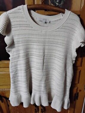 LOFT Cream Openwork Knit Ruffle Sleeve Sweater Top